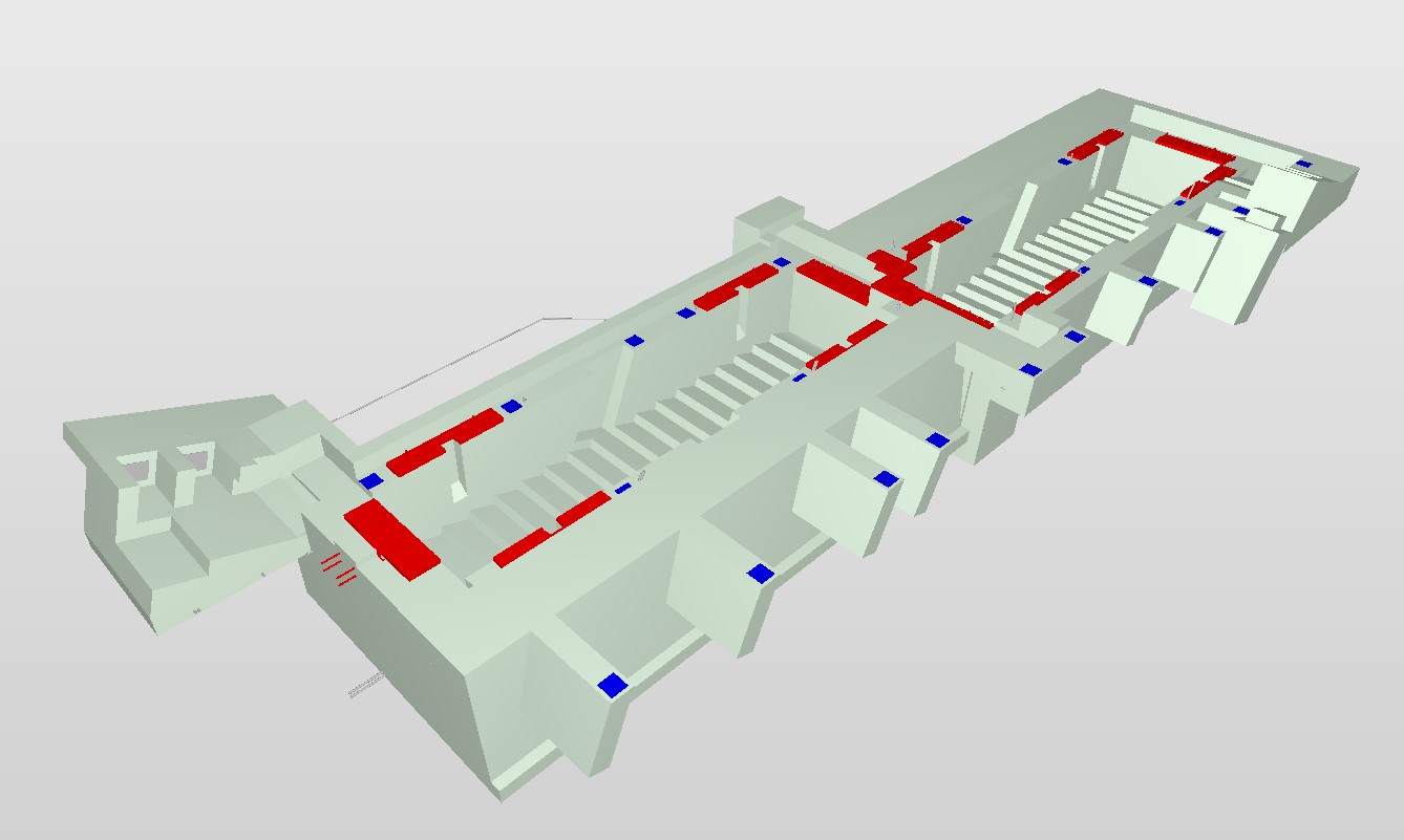 3D-Modell der Gleiswendergruben 1 und 2 mit rot dargestellten Einlageplatten als Anschlusspunkte für die Mechanik