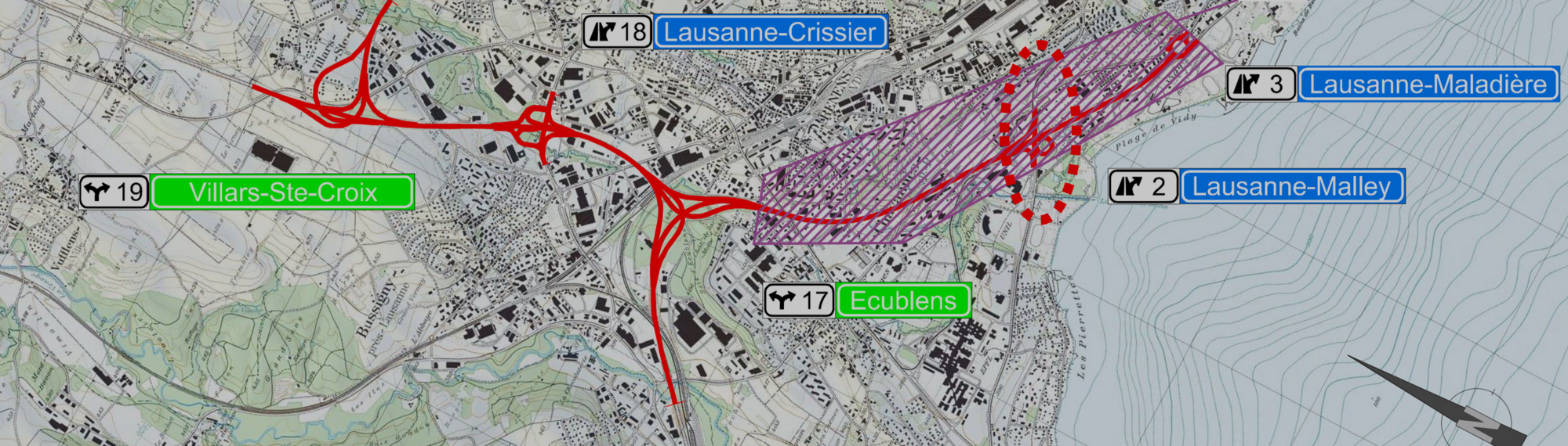 Übersichtskarte des Autobahnabschnitts N1a im Raum Lausanne mit Darstellung des Bereichs Crissier–Maladière. Hervorgehoben sind die Anschlüsse Lausanne-Crissier, Ecublens und Lausanne-Malley sowie der untersuchte Perimeter rund um die Überführung der Verzweigung Lausanne-Malley.