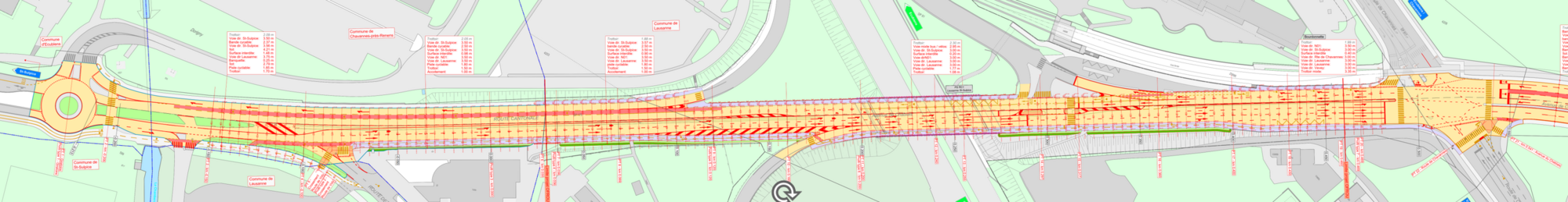 Übersichtsplan des ausgebauten Strassenabschnitts der RC1 zwischen UNIL-Kreisel und Kreuzung Bourdonnette mit Darstellung der neuen Verkehrsführung, des kombinierten Geh- und Radwegs sowie der angepassten Fahrbahnbreiten.