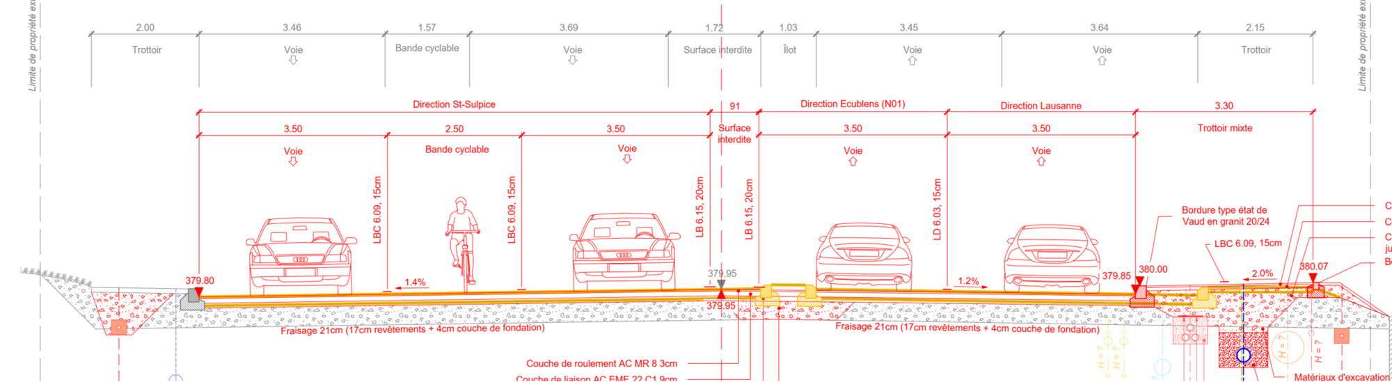 Detaillierter Querschnitt des umgebauten Strassenraums der RC1 mit Darstellung der Fahrstreifen, des Radstreifens und des kombinierten Gehwegs sowie der konstruktiven Schichten des Fahrbahnaufbaus und der Entwässerung.