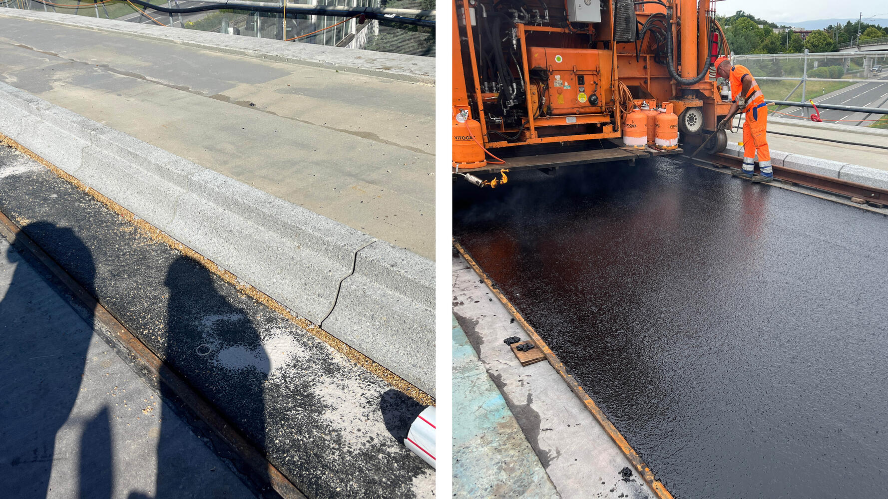 Erneuerung von Fahrbahn- und Randbereichen auf einer Brückenüberführung: links ein beschädigter Granitbordstein und gealterter Belag vor der Sanierung, rechts der Einbau einer neuen Abdichtung und Asphaltdeckschicht mittels Strassenfertiger.