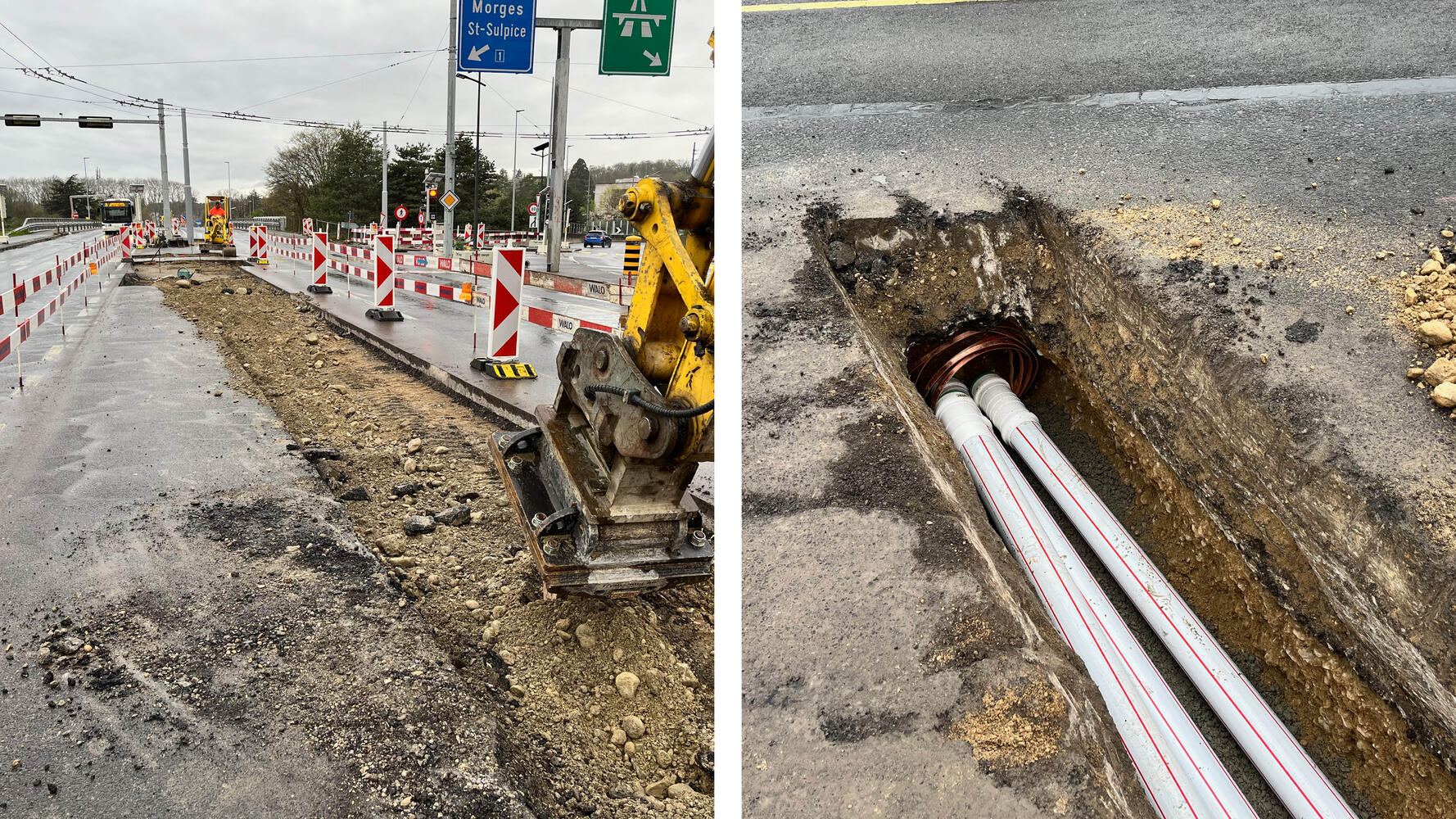 Strassenbauarbeiten auf der RC1 unter laufendem Verkehr mit Baustellenabsicherung: links Aushubarbeiten entlang des Fahrbahnrandes, rechts freigelegte und erneuerte Werkleitungen im Graben.