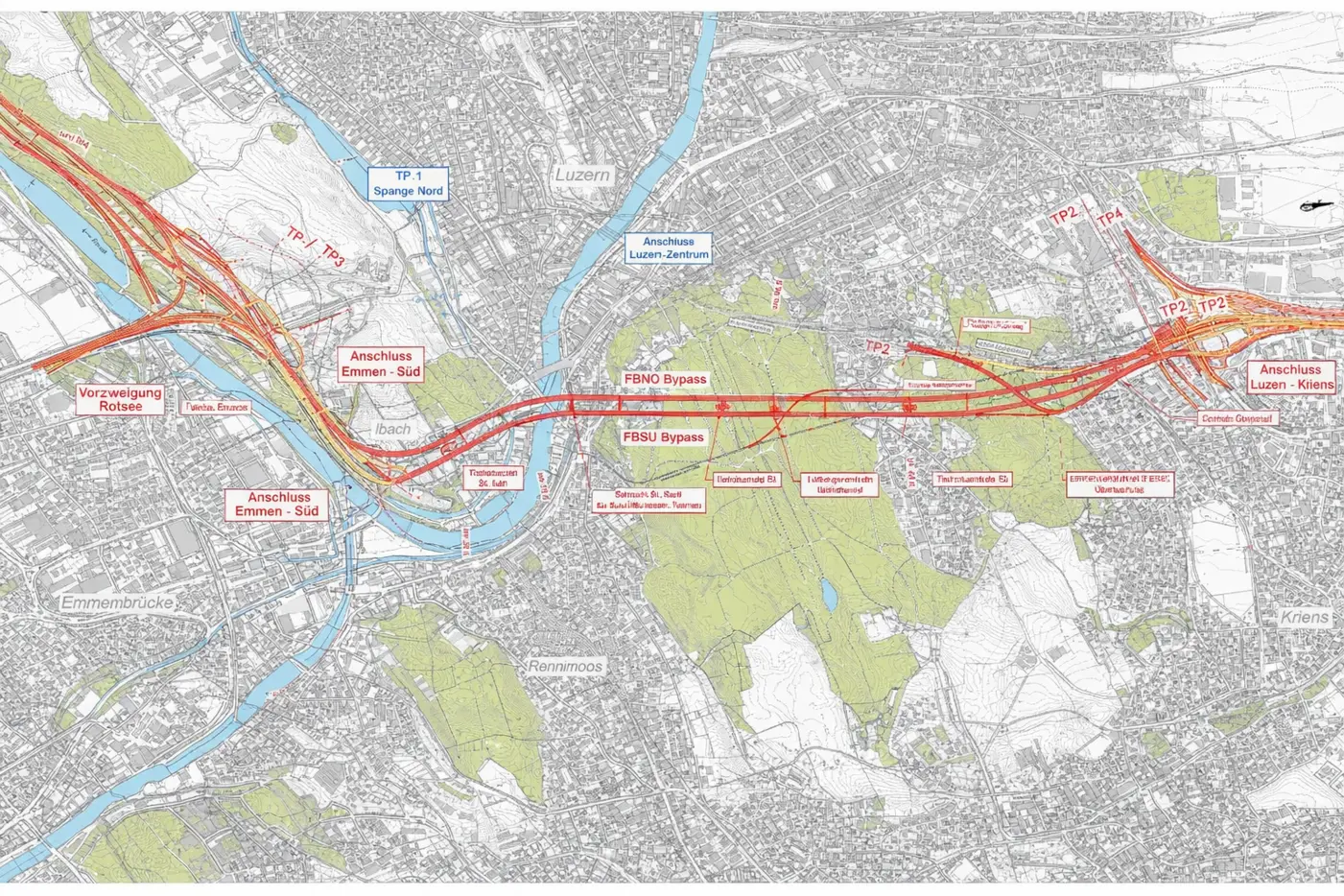 Stadtkarte mit Straßen, Flüssen und Grünflächen in verschiedenen Farben dargestellt.