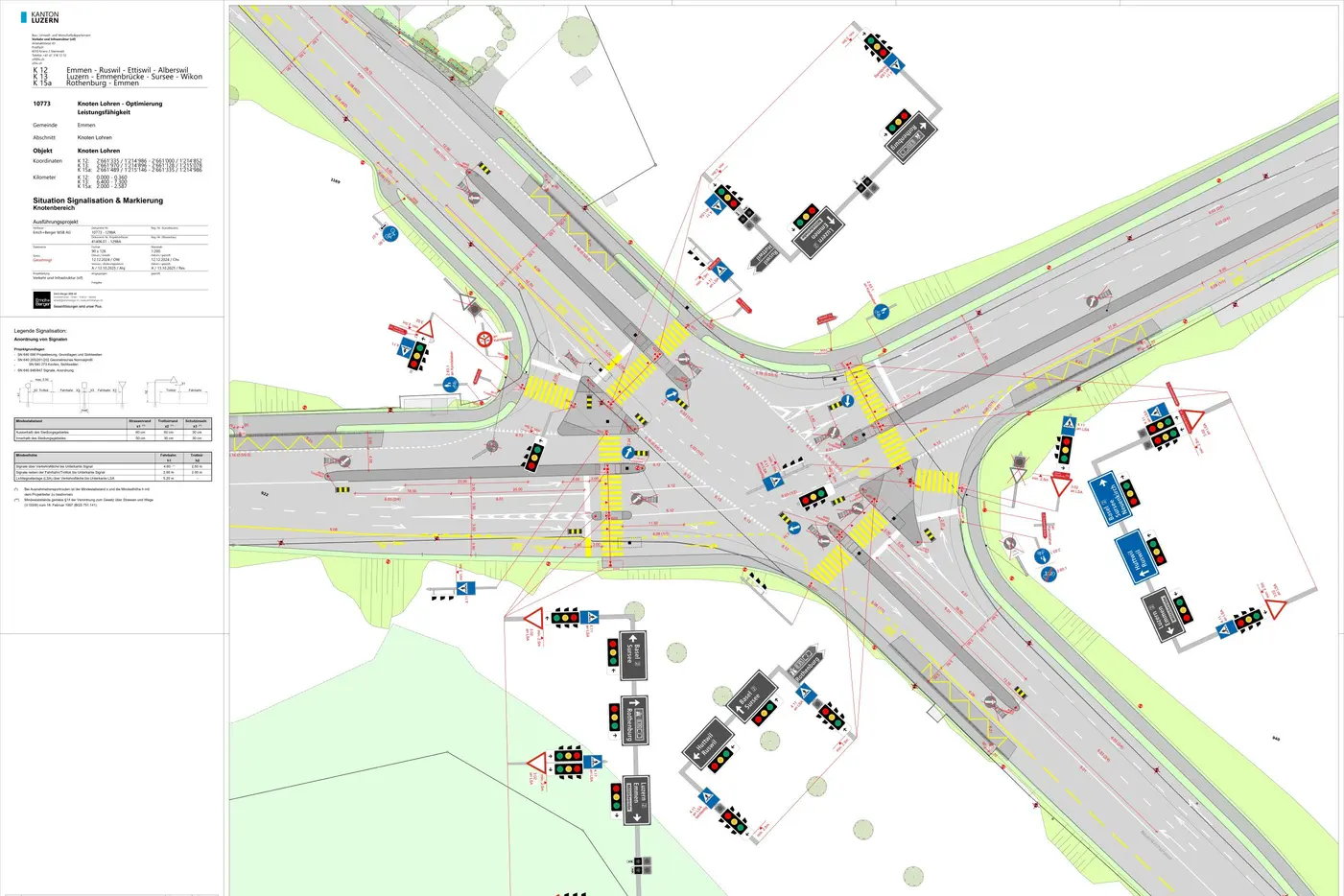 Übersichtskarte eines Straßenkreuzungsplans mit Verkehrsanlagen und Fahrspuren.
