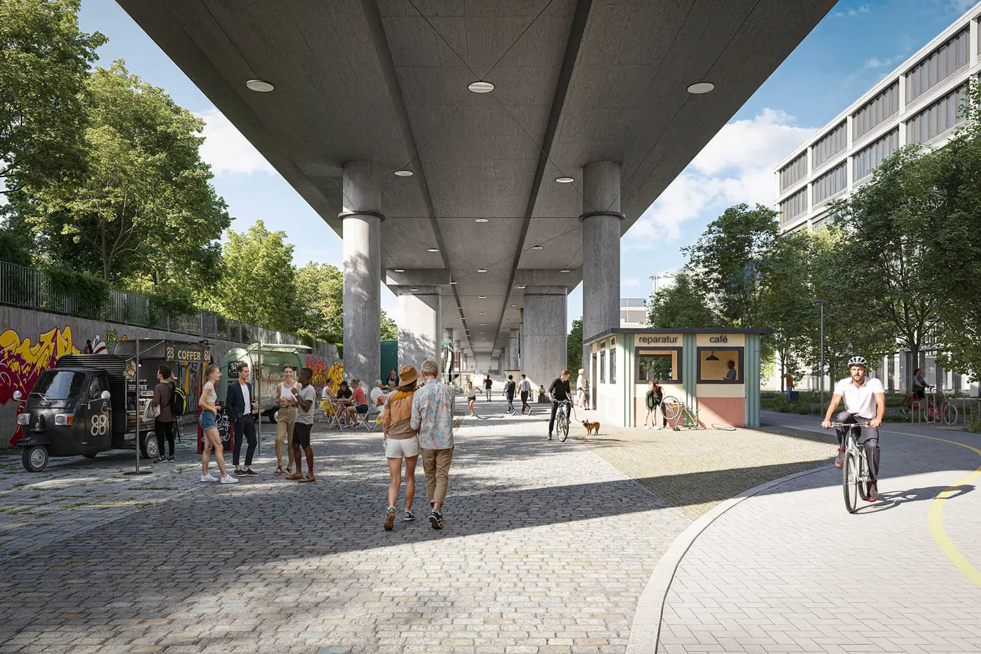Belebte Straße unter einer Überführung mit Fußgängern, Radfahrern und Essensständen.