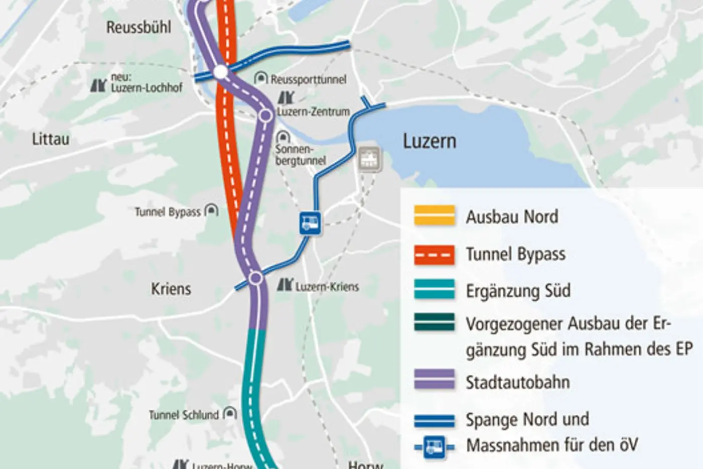 Stadtkarte mit Verkehrswegen und Routen in verschiedenen Farben.