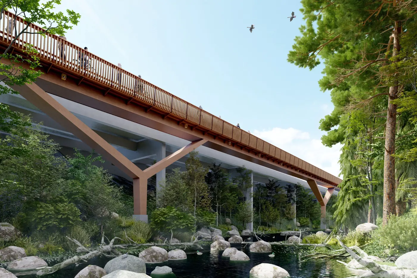 Brücke aus Holz über einen klaren Bach, umgeben von Bäumen und felsigem Ufer.