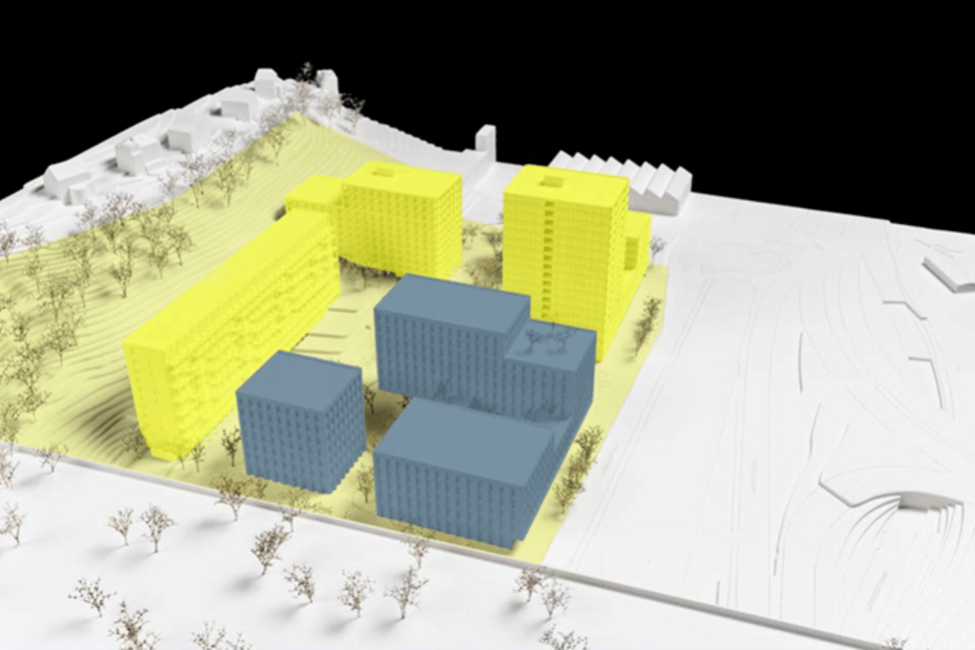 Visualisierung Baufelder WAS (blau) und BVK (gelb) (Quelle: Gigon Guyer Architekten)