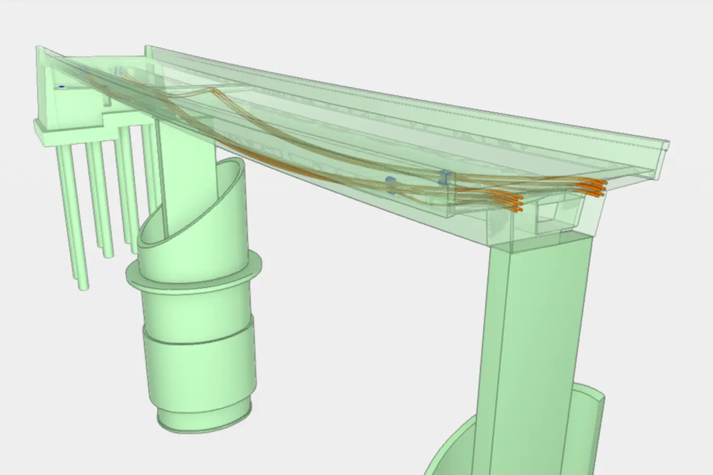 Technisches 3D-Modell einer Struktur mit einer gebogenen Schiene und zylindrischem Basisobjekt.