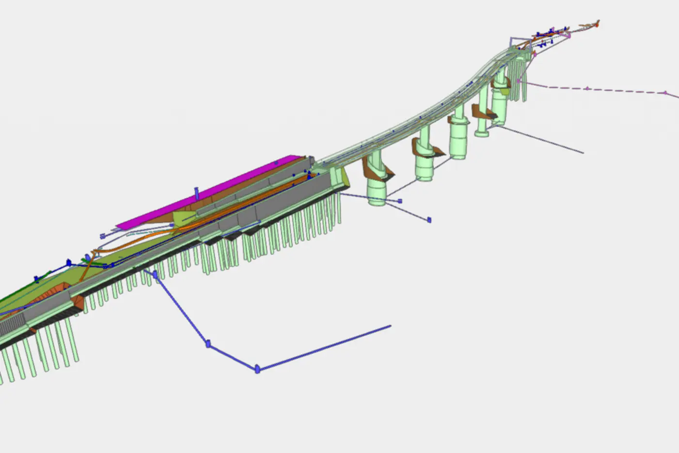 3D-Modell einer Brücke mit Fahrbahn und Stützpfeilern in verschiedenen Farben.