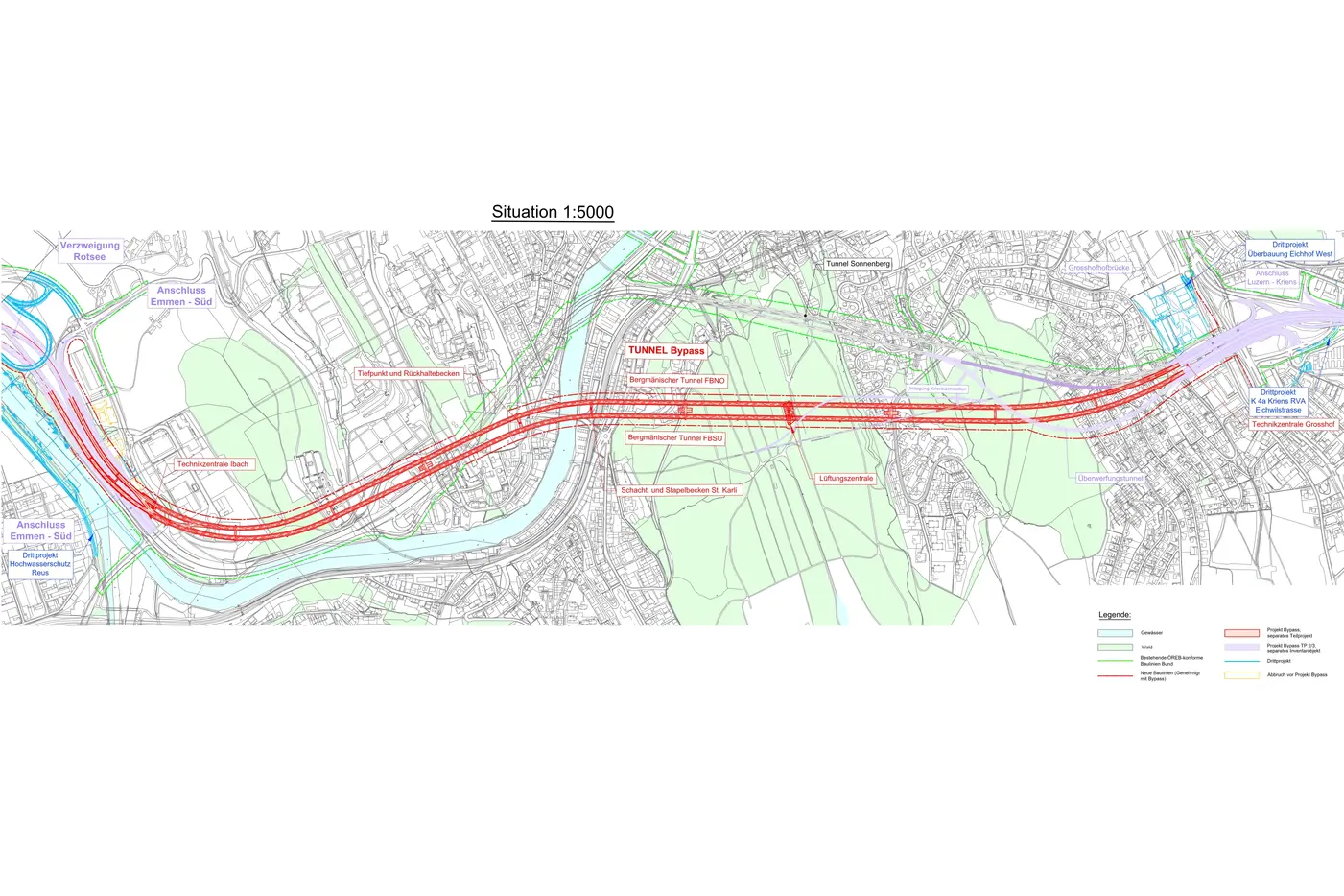 Stadtplan mit Straßen und Wegen, grüne Flächen und Wasserläufe dargestellt.