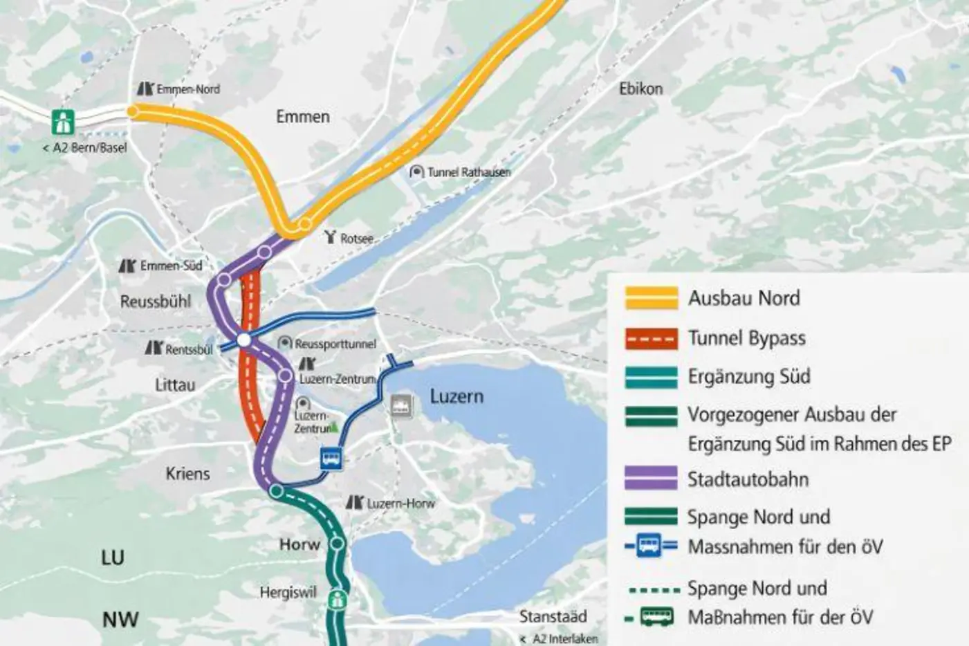 Karte mit verschiedenen Ausbauprojekten und Routen um Luzern.