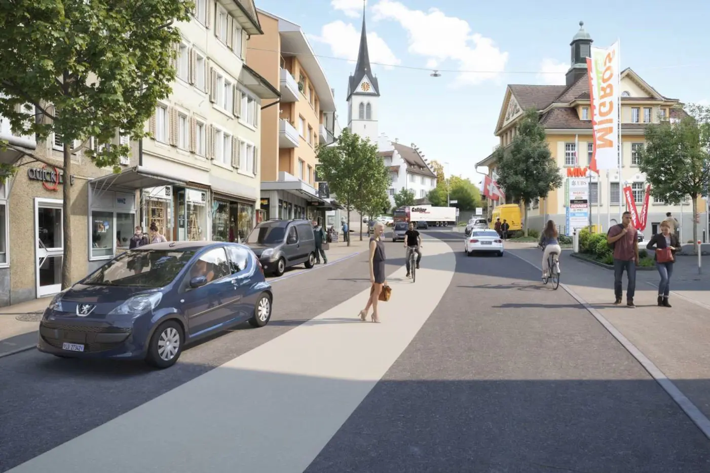 Belebte Stadtstraße mit Autos, Fußgängern und einem Hund, umgeben von Gebäuden und Bäumen.