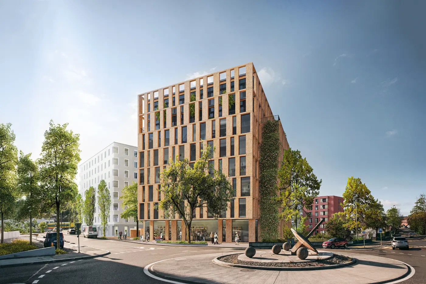 Modernes, fünfstöckiges Gebäude aus Holz in einer städtischen Umgebung mit Bäumen.
