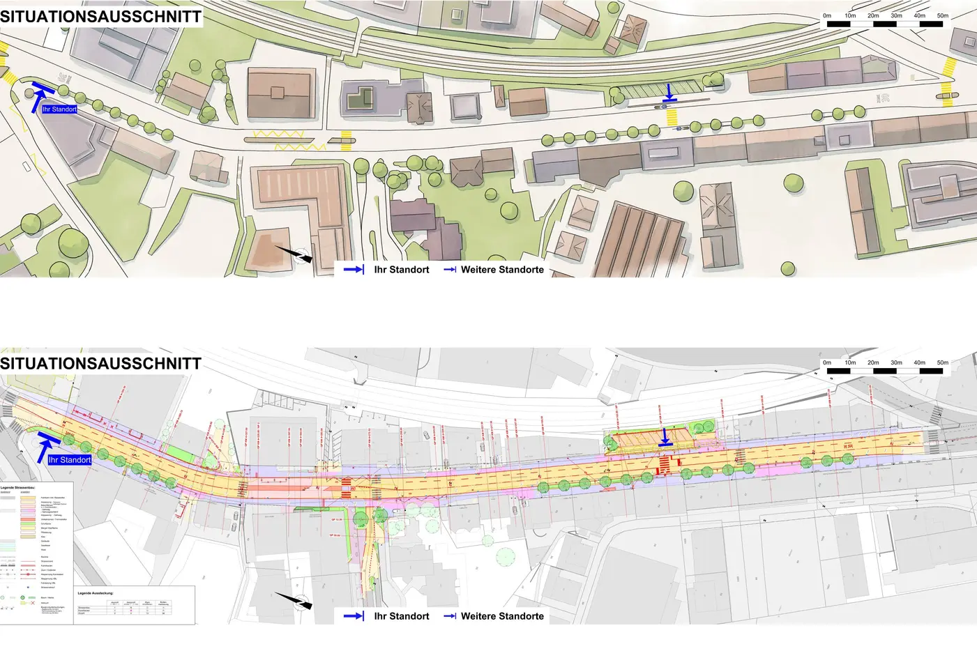 Stadtplan mit Verkehrswegen, Straßen und Gebäudeanordnungen. Oben und unten unterschiedliche Abschnitte.