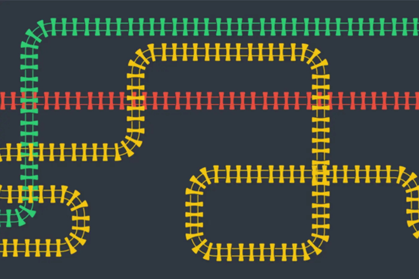Ein grafisches Layout eines sich schlängelnden Weges mit farbigen Markierungen.