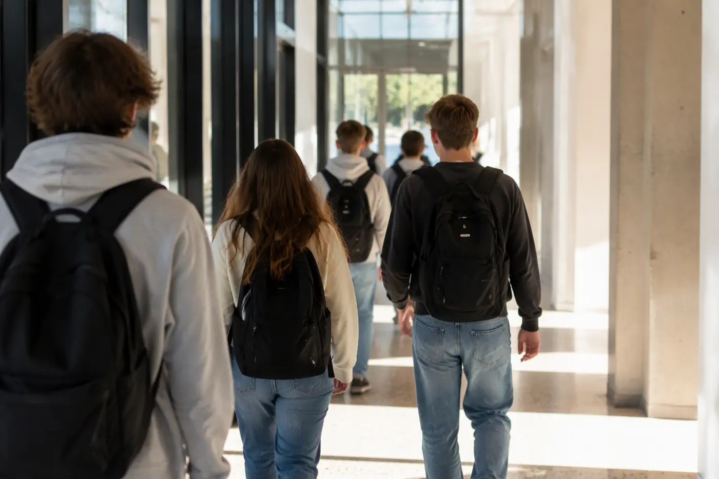 Groupe de jeunes marchant dans un couloir ensoleillé, sacs à dos en arrière.