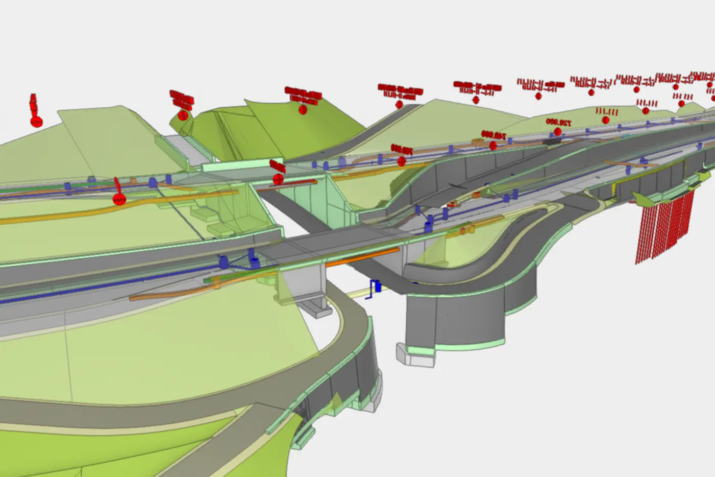 3D-Modell einer Straßeninfrastruktur mit Grünflächen und Fahrzeuglinien.