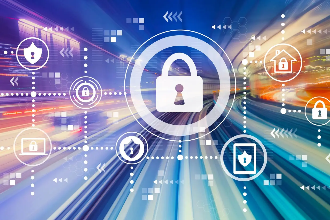 Colorful digital background with a central padlock and various security icons.