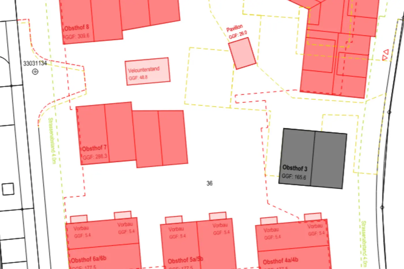 Bauplan mit roten markierten Gebäuden und umgebenden Straßen.