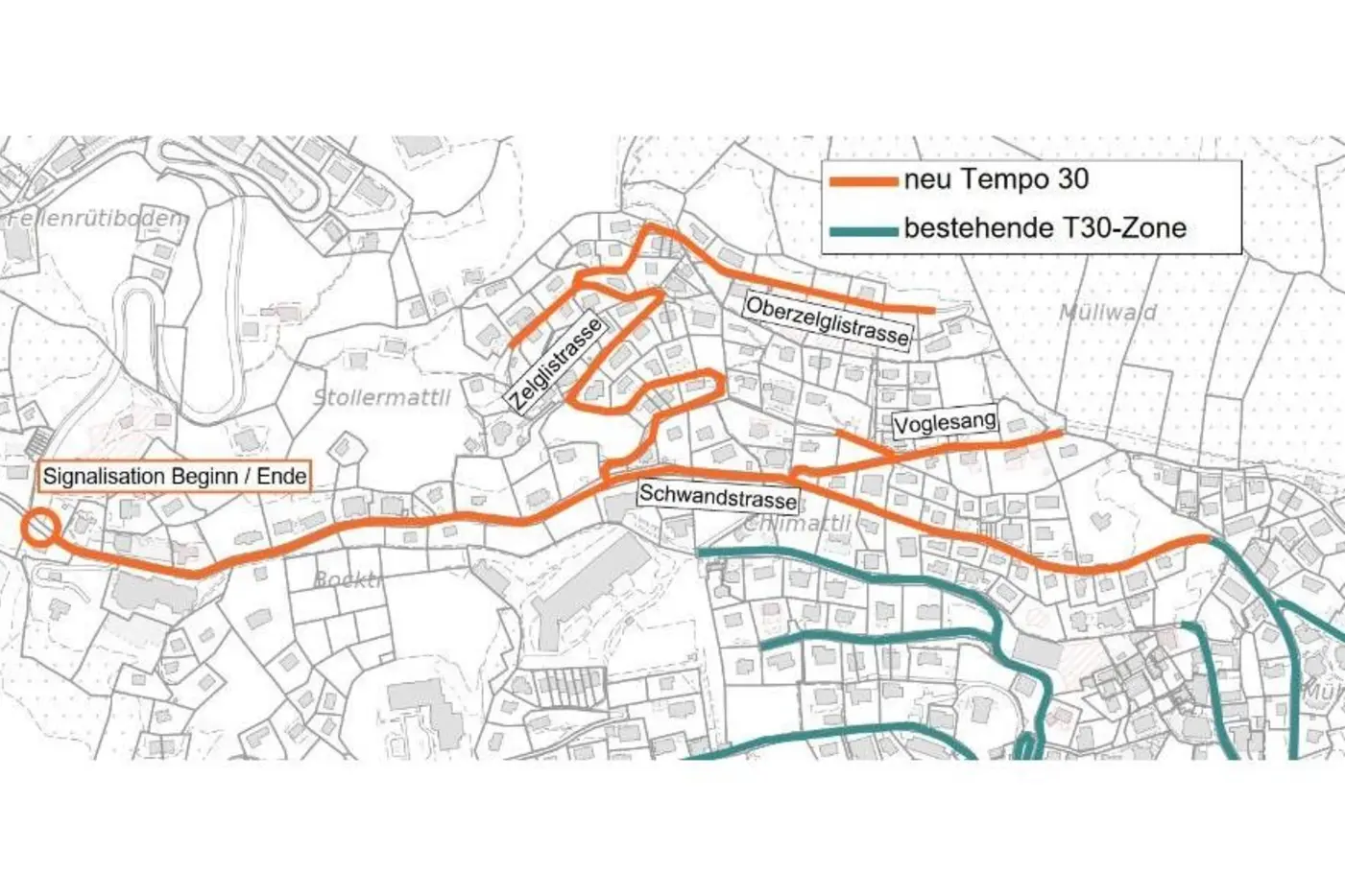 Karte mit neuen und bestehenden Tempo-30-Zonen in einem städtischen Gebiet.