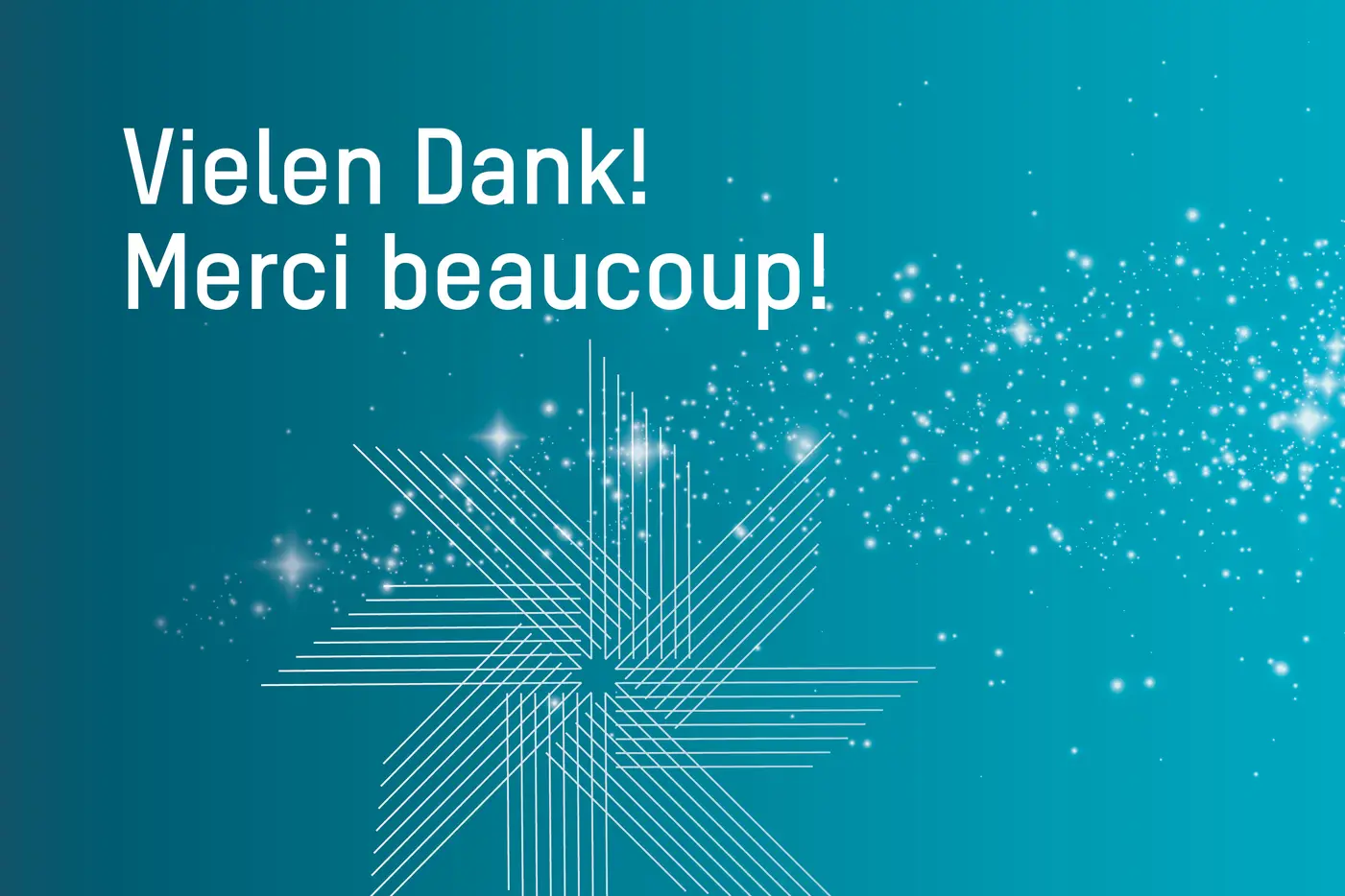 Türkiser Hintergrund mit funkelnden Sternen und Dankeschön in Deutsch und Französisch.