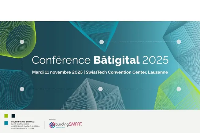 Konferenz Bâtigital 2025, grafisches Design mit geometrischen Formen und blauem Hintergrund.