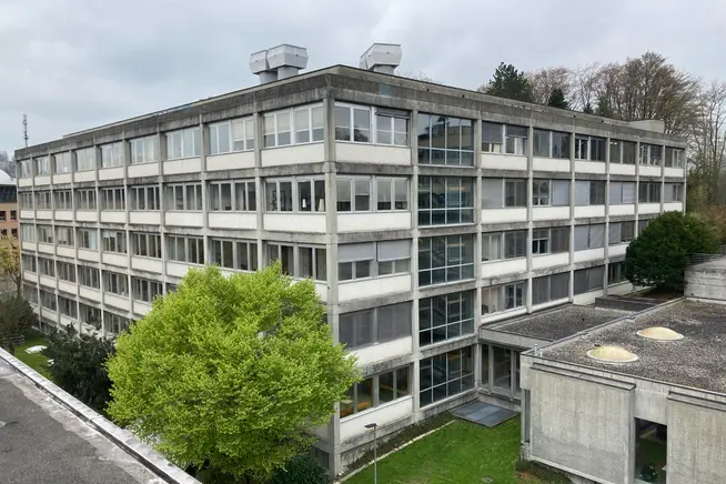 Modernes Gebäude mit grossen Fenstern und einem grünen Baum im Vordergrund.