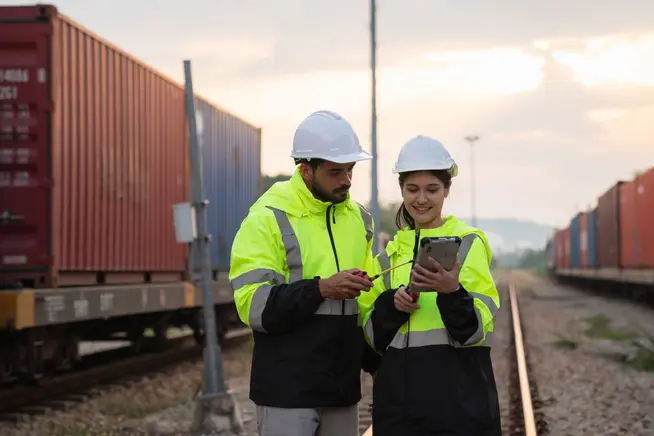 Zwei Arbeiter in Sicherheitskleidung schauen auf ein Tablet zwischen Containerzügen.
