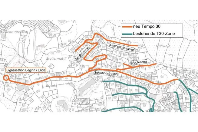 Karte mit neuen und bestehenden Tempo-30-Zonen in einem städtischen Gebiet.