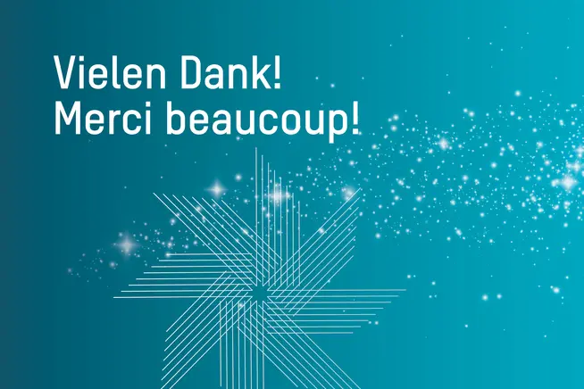 Türkiser Hintergrund mit funkelnden Sternen und Dankeschön in Deutsch und Französisch.