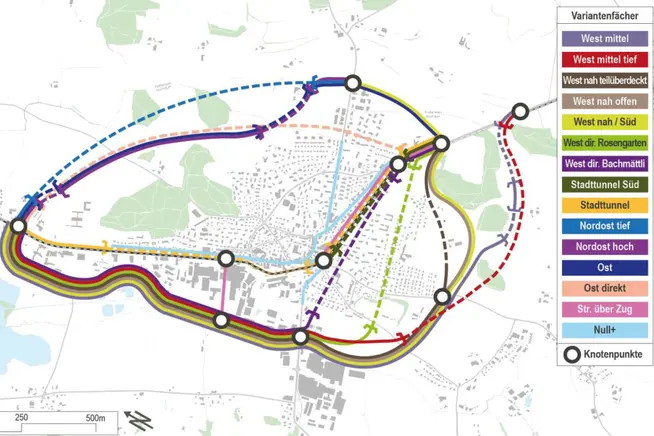 Kartenansicht mit verschiedenen Routen und farblichen Markierungen einer Stadt.